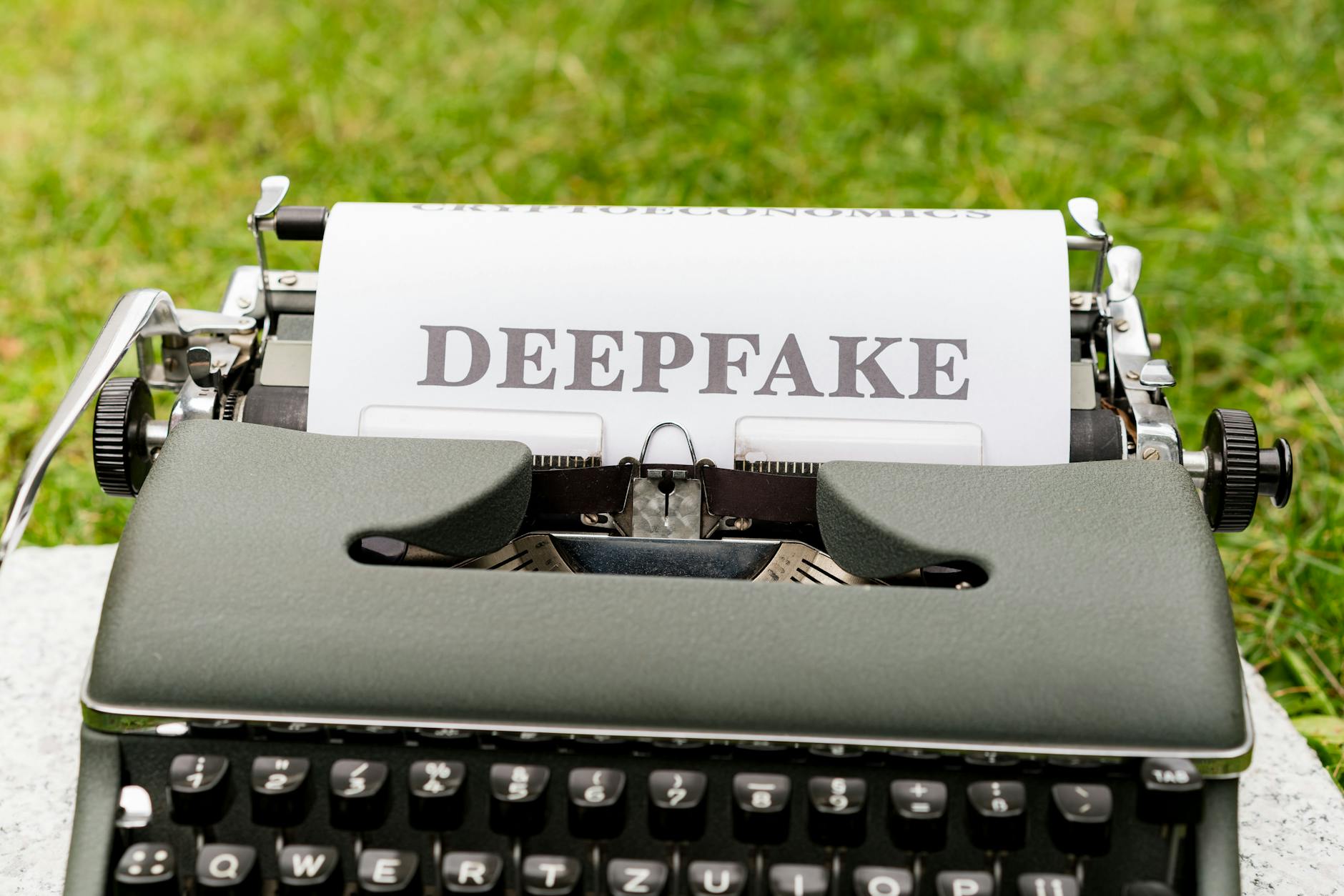 Stara maszyna do pisania z kartką z napisem Deepfake na dworze