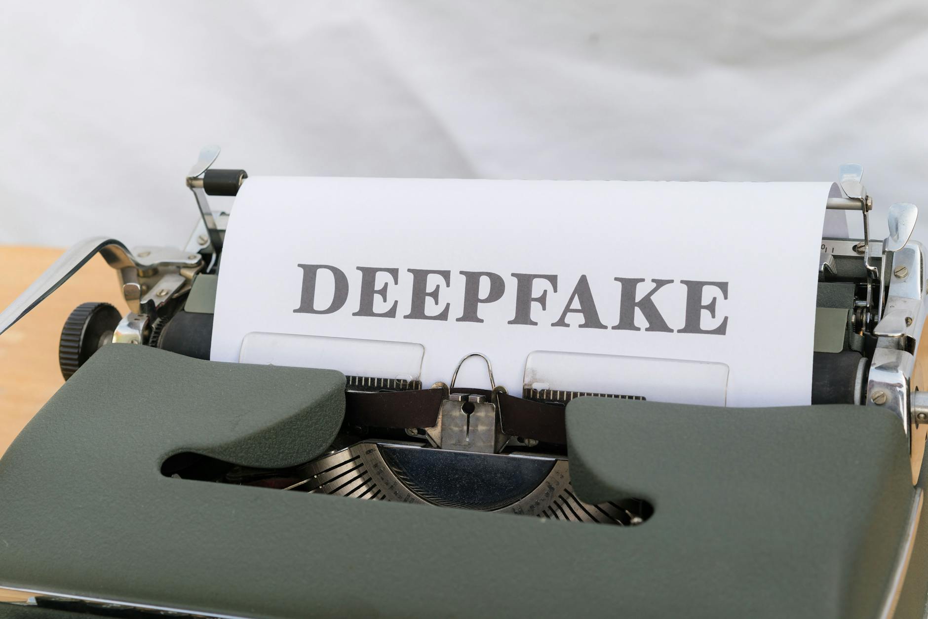 Stara maszyna do pisania z kartką z napisem DEEPFAKE Stara maszyna do pisania z kartką z napisem DEEPFAKE